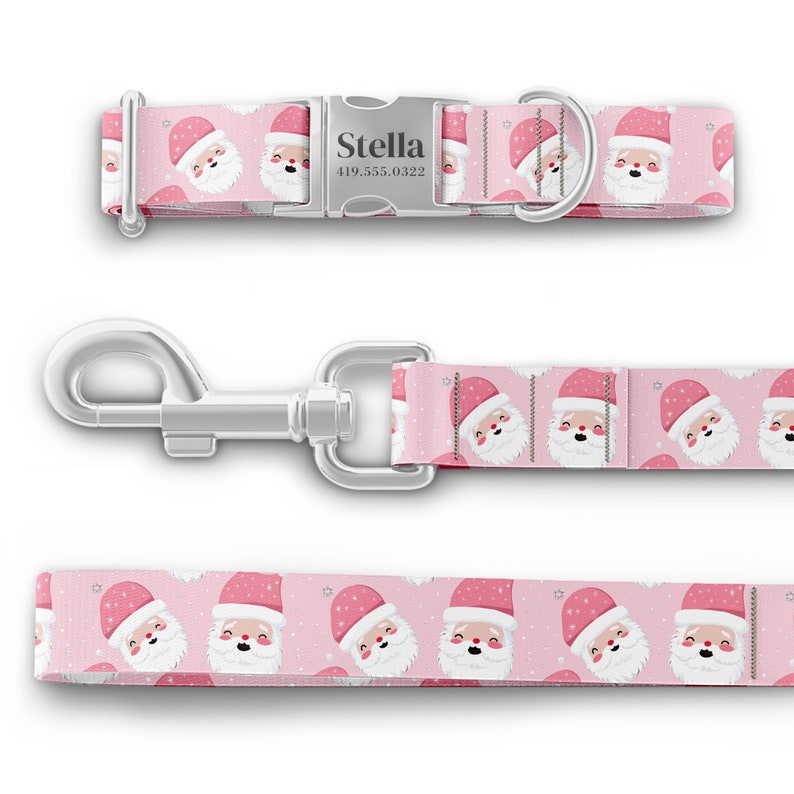 May include: Pink dog collar and leash set with a Santa Claus pattern. The collar has a silver buckle with the name "Stella" and a phone number engraved on it.