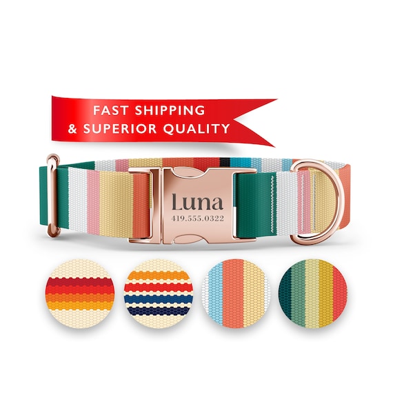 Stripe Dog Collars Personalized with Engraved Metal Buckle.  Martingale style available! Unisex, boy, girl.  Available in many sizes.