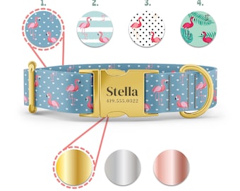 Flamingos Dog Collar - Beach Dog Collar  - Recycled Plastic - Pink Flamingo - Personalized Name in Gold, Rose Gold, or Silver