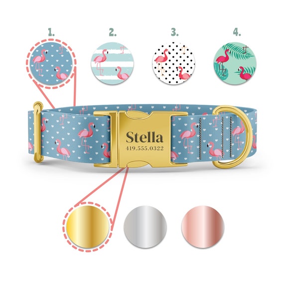 Flamingos Dog Collar - Beach Dog Collar  - Recycled Plastic - Pink Flamingo - Personalized Name in Gold, Rose Gold, or Silver