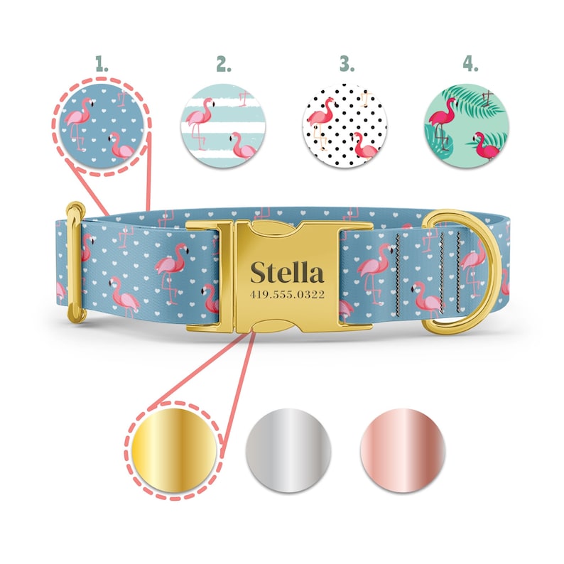 May include: A blue dog collar with a pink flamingo pattern and white hearts. The collar has a gold buckle with the name "Stella" and phone number "419.555.0322" engraved on it. The collar is shown with three different buckle colors: gold, silver, and rose gold.