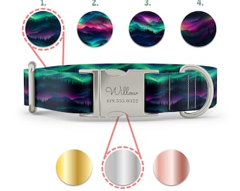 Personalized Norther Lights Aurora Borealis Dog Collar with Metal Bucle, Night Sky, Landscape.  Handmade Gold, Rose Gold, and Silver.