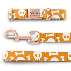 K&ouml;nnte beinhalten: Orangefarbenes und wei&szlig;es Hundehalsband und Leine mit Totenkopf- und Knochenmuster. Das Halsband hat eine ros&eacute;goldene Schnalle mit dem eingravierten Namen "Stella" und der Telefonnummer "419.555.0322".