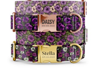 Custom Petunia Floral Dog Collar: Personalized Engraved Buckle