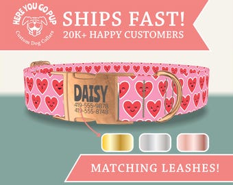 Valentine Heart Dog Collar - Smiley Red Hearts Dog Collar with Engraved Personalized Buckle, Matching leash available