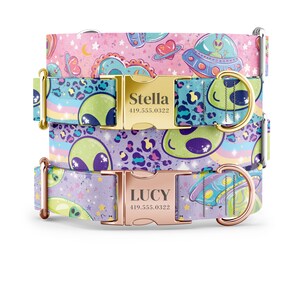 May include: Two colorful dog collars with personalized name tags. The top collar is pink with green alien faces and spaceships. The bottom collar is purple with green alien faces and spaceships. The name tags are gold with black text. The top tag reads "Stella 419.555.0322" and the bottom tag reads "Lucy 419.555.0322".