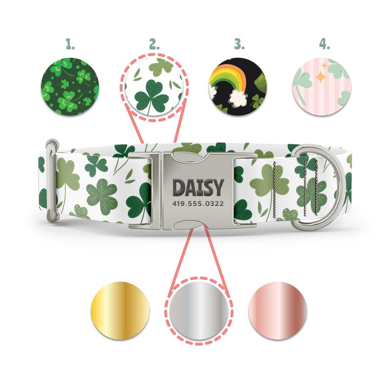 K&ouml;nnte beinhalten: Wei&szlig;es Hundehalsband mit einem gr&uuml;nen Kleeblatt-Muster und einer silbernen Schnalle. Die Schnalle tr&auml;gt den Namen "DAISY" und die Telefonnummer "419.555.0322" ist eingraviert. Das Halsband wird mit drei verschiedenen Schnalle-Farboptionen gezeigt: Gold, Silber und Ros&eacute;gold.