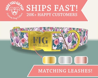 Fig Dog Collar, Floral Cottagecore Pet Collar, Lilac Fruit Pattern, Girly Dog Collar with Engraved Buckle