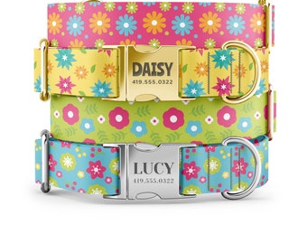 Spring Girl Dog Collars, Flower Dog Collars, Personalized Dog Collars with Name