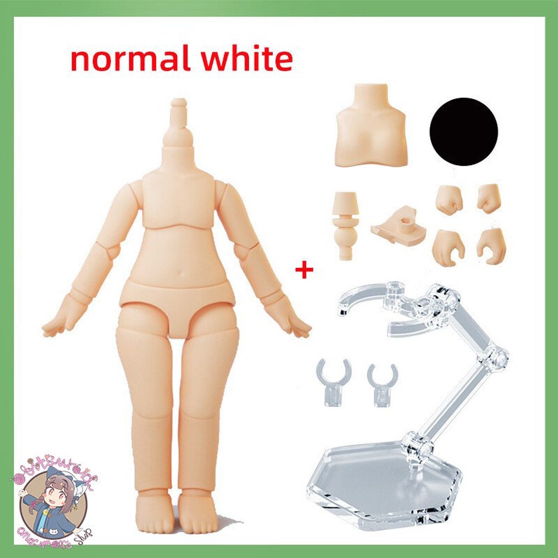 May include: A white plastic doll body with a normal white skin tone. The doll is posed standing with arms outstretched. The doll is included with a clear plastic doll stand with a hexagonal base and two arm supports. The doll stand is designed to hold the doll in a variety of poses.