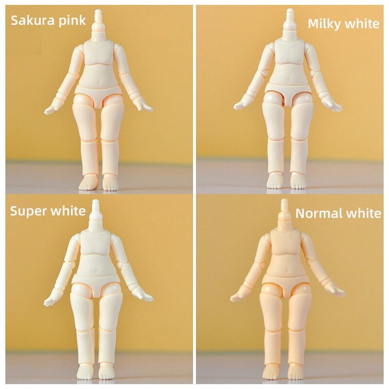 May include: Four different colored plastic doll bodies, from left to right: Sakura pink, Milky white, Super white, and Normal white. The doll bodies are all the same pose, standing with arms outstretched and legs slightly apart.
