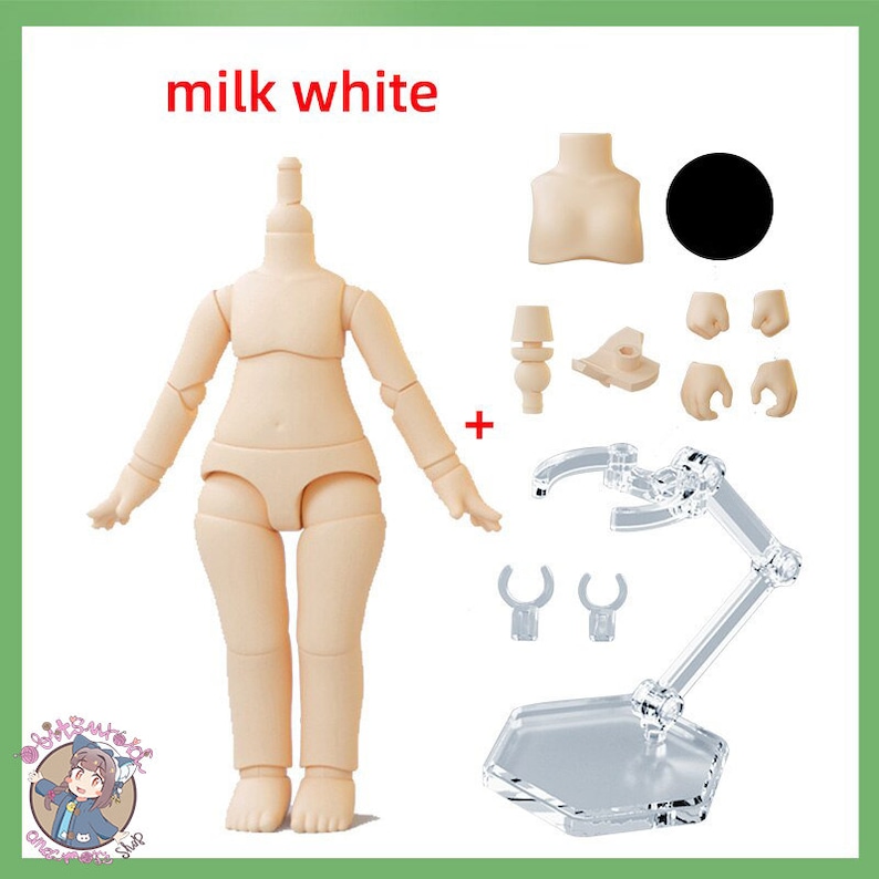 May include: A nude-colored plastic doll body with a stand. The doll is posed with arms outstretched and legs slightly apart. The doll is labeled "milk white".