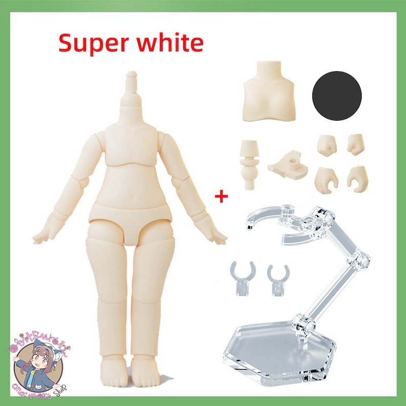 May include: Super white unpainted doll body with a clear plastic doll stand, two clear plastic hand supports, and a variety of clear plastic doll parts.