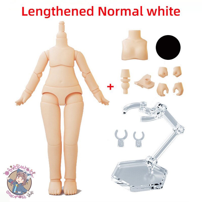May include: A nude-colored doll body with articulated limbs and a stand. The doll is in a standing position with its arms outstretched. The doll is made of plastic and has a smooth, matte finish. The doll is part of a set that includes a bust, hands, and a stand. The set is labeled "Lengthened Normal white".
