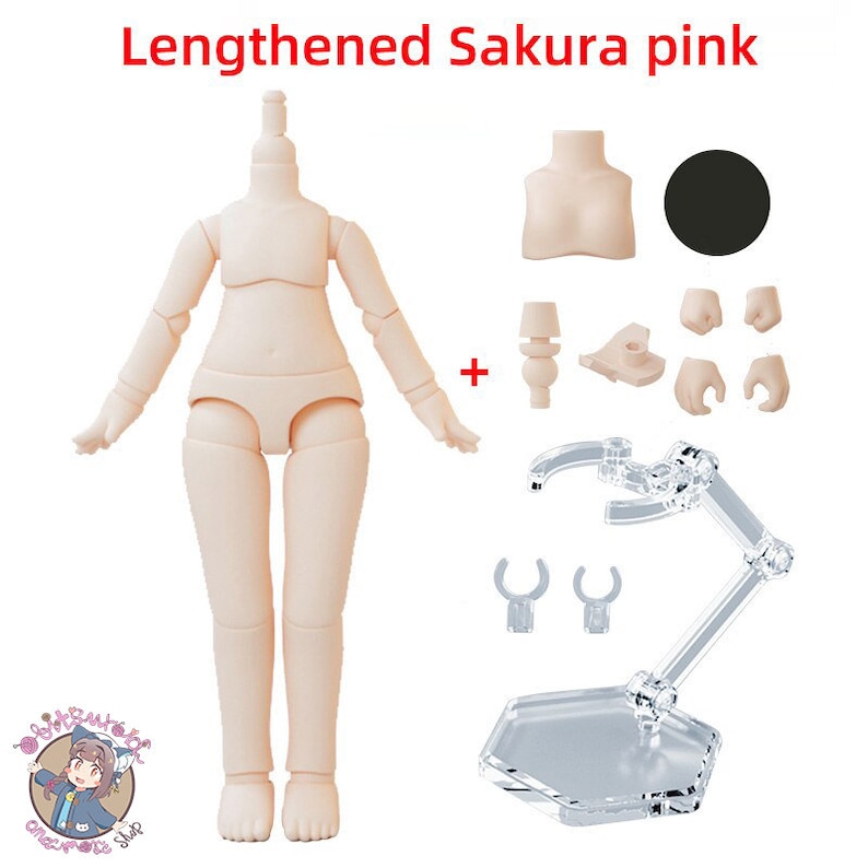 May include: A nude-colored plastic doll body with articulated limbs and a stand. The doll is posed with arms outstretched. The doll is part of a set that includes extra hands, a bust, and a stand.