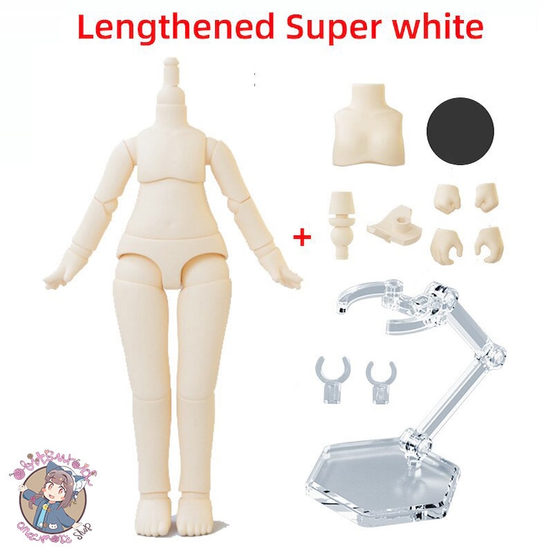 May include: A nude-colored articulated doll body with a stand. The doll is made of plastic and has a super white finish. The doll is posed with arms outstretched. The stand is made of clear plastic and has a hexagonal base. The doll is labeled "Lengthened Super White".