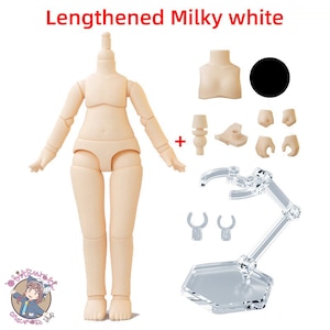 May include: A nude-colored articulated doll body with a milky white finish. The doll is posed with arms outstretched. The doll comes with a set of extra hands, a stand, and a bust piece. The doll is for use with action figures and other collectibles.