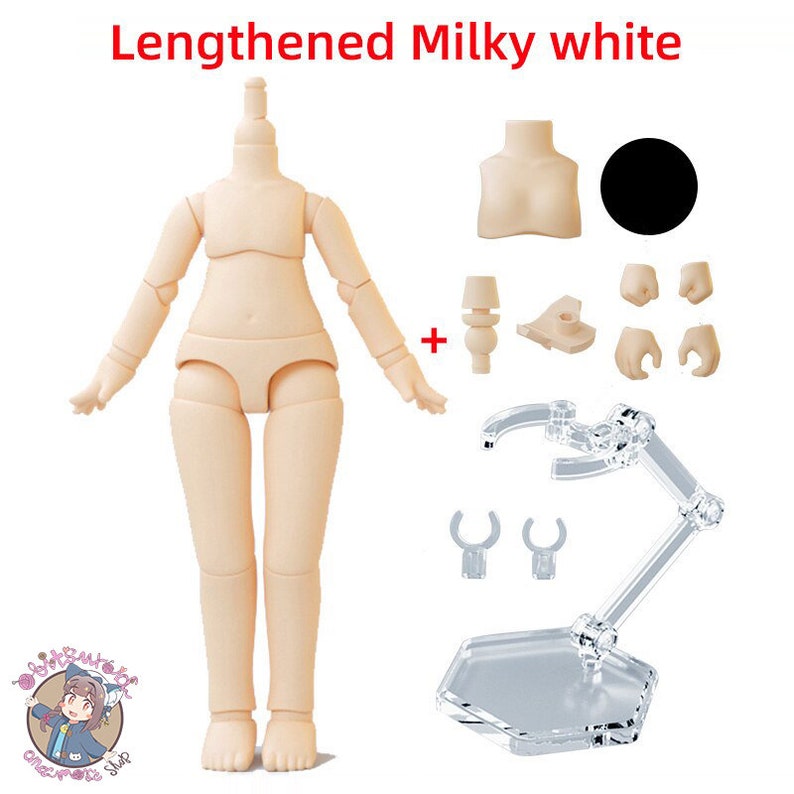 May include: A nude-colored articulated doll body with a milky white finish. The doll is posed with arms outstretched. The doll comes with a set of extra hands, a stand, and a bust piece. The doll is for use with action figures and other collectibles.