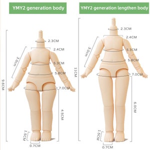 May include: Two nude-colored plastic doll bodies with articulated joints. The body on the left is 11 cm tall and the body on the right is 11 cm tall and 6 cm wide. Both bodies have measurements marked in centimeters.