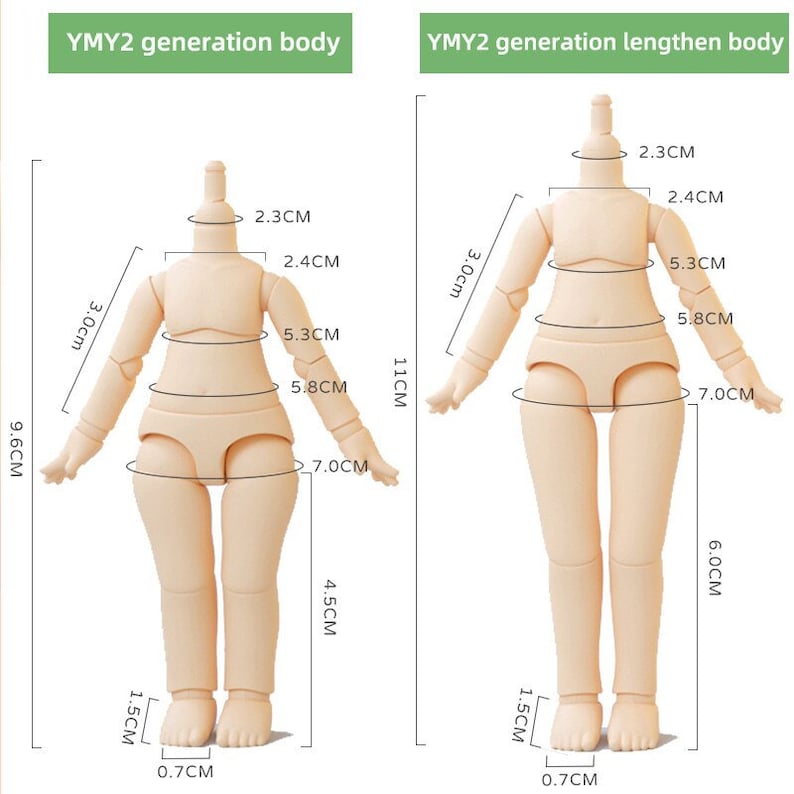 May include: Two nude-colored plastic doll bodies with articulated joints. The body on the left is 11 cm tall and the body on the right is 11 cm tall and 6 cm wide. Both bodies have measurements marked in centimeters.