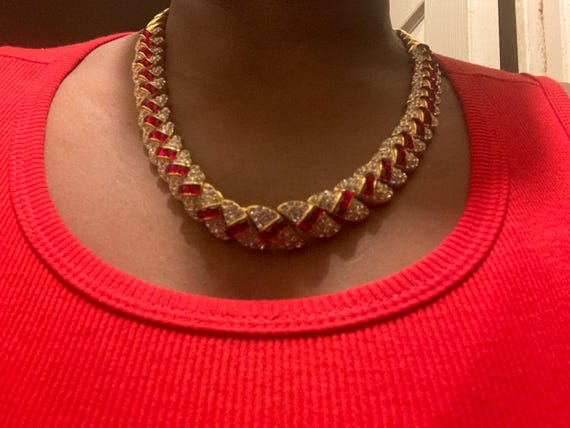 Beautiful 22” solid gold plated ruby and clear da… - image 10