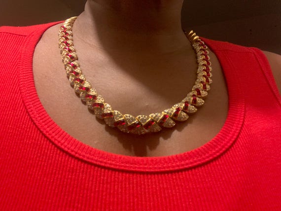 Beautiful 22” solid gold plated ruby and clear da… - image 9