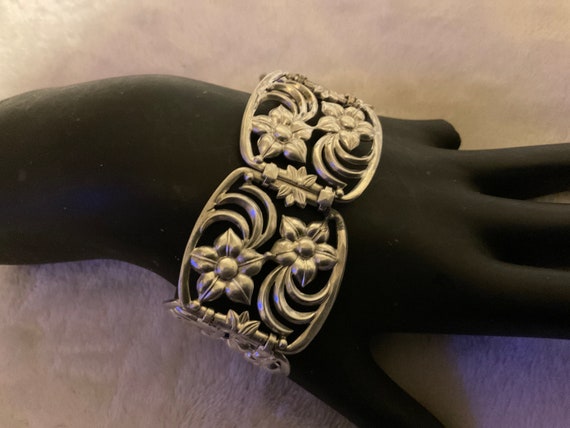 7” Sterling Silver wide bracelet with flowers and… - image 1