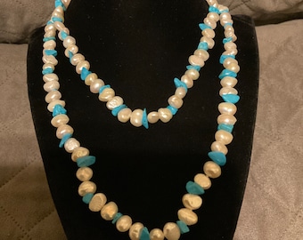 36” genuine pearl and turquoise stone necklace