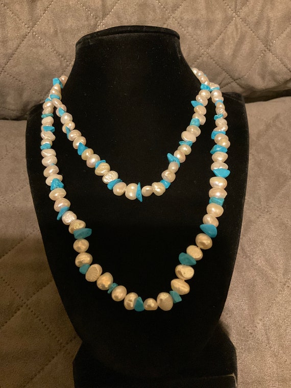 36” genuine pearl and turquoise stone necklace