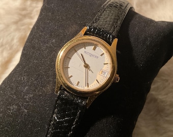 ESQ Swiss Gold Tone Golf Ball Ladies Watch Black Leather  display picture 1