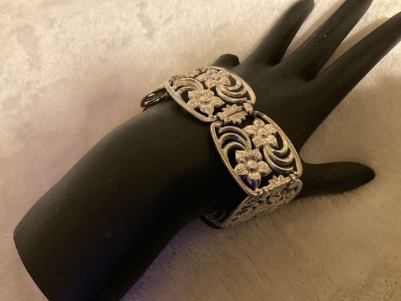 7” Sterling Silver wide bracelet with flowers and… - image 2