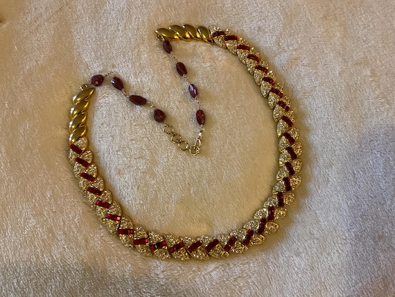 Beautiful 22” solid gold plated ruby and clear da… - image 1