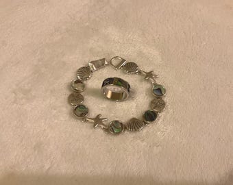 8” SilverTone abalone shell bracelet with matching abalone ring,size 9