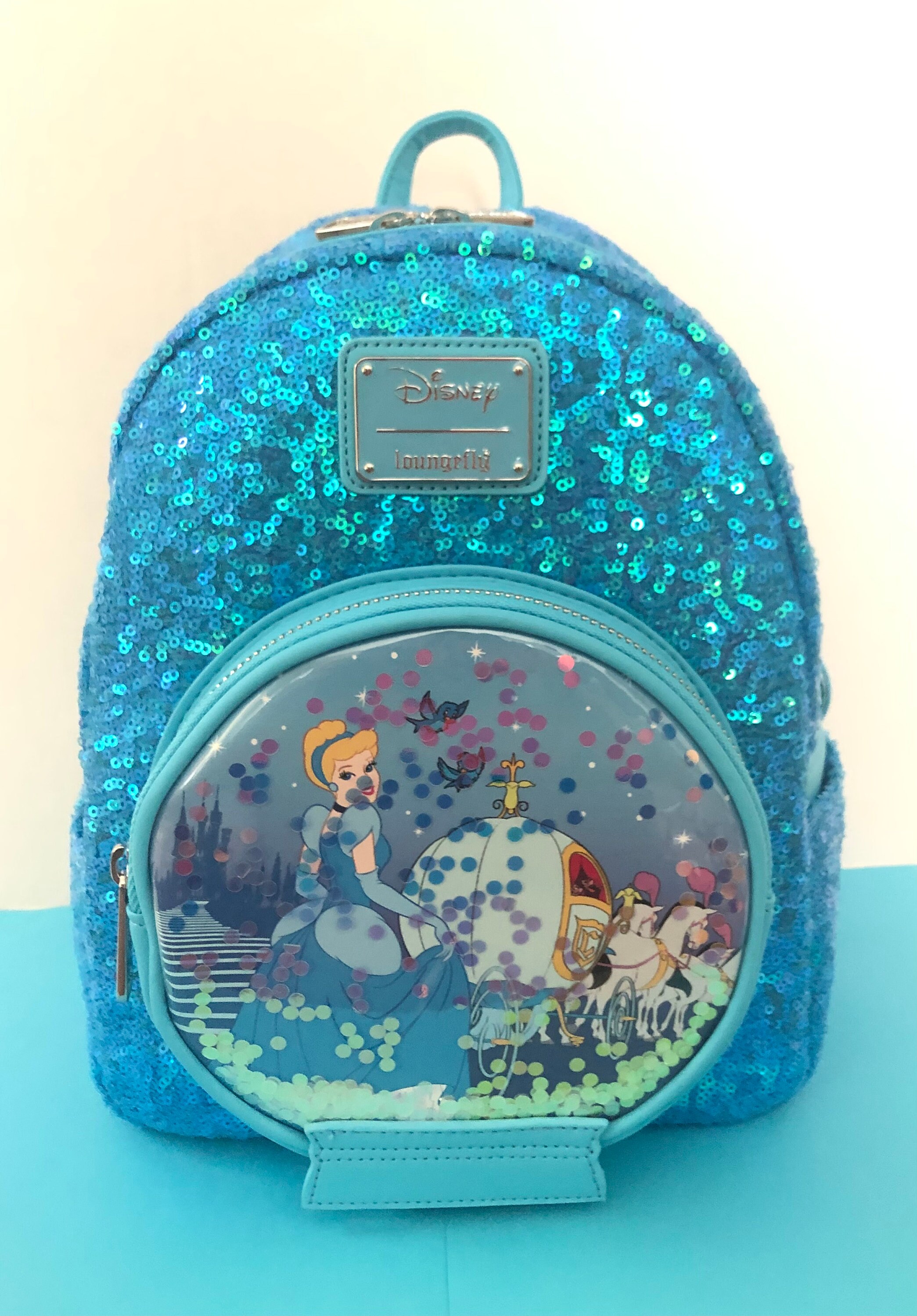 Loungefly Disney Blue Sequin Cinderella Castle Snow Globe Mini Backpack, Women's, Size: One Size