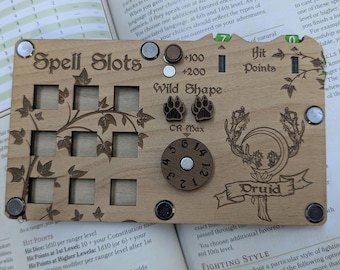 Handmade Wooden DND Druid Spell Tracker, HP and Character Sheet