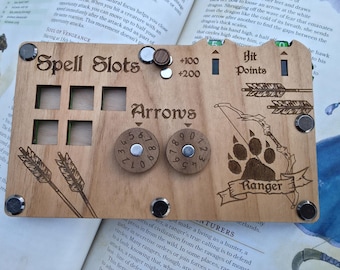 Handmade Wooden Ranger 5e Character Tracker DND Spell, HP, & Dice Board