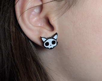 Cat Skull Stud Earrings: Halloween Acrylic Jewelry