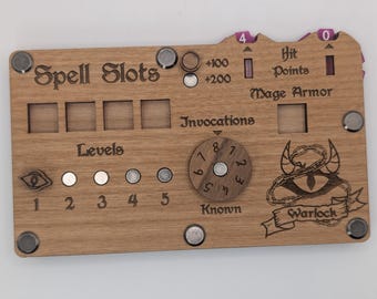 Warlock Spell Slot Tracker: Wooden DND HP Board with Dice Slot