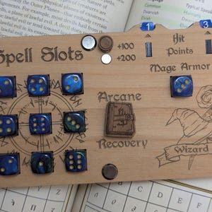 5e Deluxe Handmade DND Wooden Wizard Class Spell, HP, Character Sheet Tracker for Table Top Gaming Laser Cut Wooden 12mm Dice slots