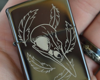 Raven Skull Occult Style Zippo Custom Engraved Black Ice Authentic Genuine Zippo Lighter