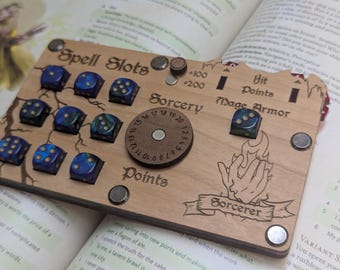 Handmade Wooden Sorcerer 5e Spell Tracker, HP, Character Sheet
