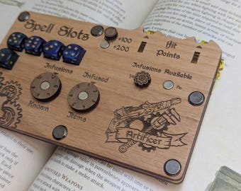 Handmade Wooden Artificer 5e Character Tracker: DND Spell, HP, & Dice Board