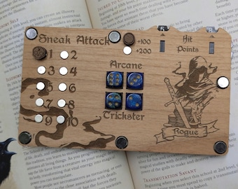 Handmade Wooden Rogue Class DND Tracker: Spell, HP, & Character Sheet