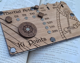 Handmade Wooden Monk 5e Character Sheet Tracker: DND Spell Slots, HP, Dice