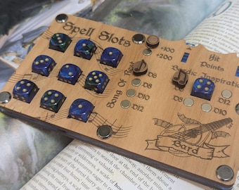 Handmade Wooden Bard 5e Character Sheet Tracker: DND Spell Slots, HP, Dice
