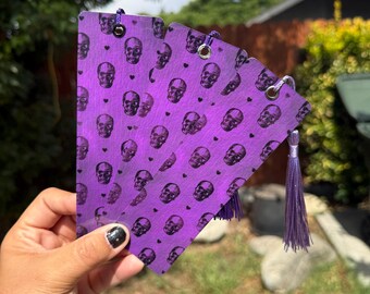 Spooky Purple Skulls Inspired Bookmark, Cardstock bookmarks, Gifts for Book Lovers, Cute Bookmark, Tassel Bookmark, Scary Horror fans