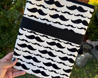 12 x 9" Blk Wht Mustache, LG Book Sleeve, Padded Sleeve, Book Cover, Accessories, Book Gifts for Readers, Writers, iPads, Tablets, Ebooks