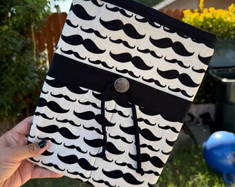 12 x 9" Blk Wht Mustache, LG Book Sleeve, Padded Sleeve, Book Cover, Accessories, Book Gifts for Readers, Writers, iPads, Tablets, Ebooks