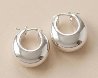 Chunky Sterling Silver Hoop Earrings – Thick Minimalist Hoops - Handmade 925 Silver (13x22x23mm) - Everyday Jewelry