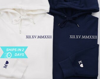 Custom Embroidered Roman Numeral Sweatshirt, Couple Shirt, Initial On Sleeve, Anniversary Year, Date on Neckline, Valentines Day Gift